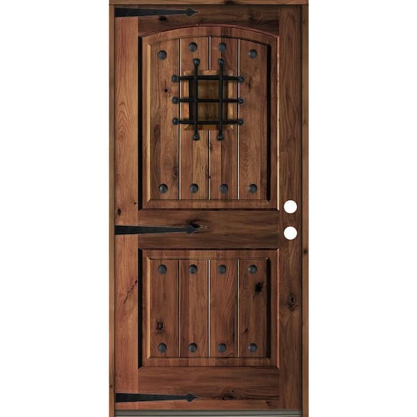 Krosswood Doors 32 in. x 80 in. Mediterranean Knotty Alder Arch Top Red Mahogony Stain Left-Hand Inswing Wood Single Prehung Front Door