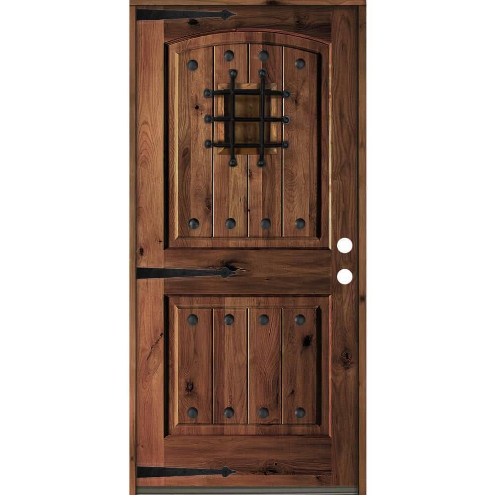 36 in. x 80 in. Mediterranean Knotty Alder Arch Top Red Mahogany Stain Left-Hand Inswing Wood Single Prehung Front Door price history on PriceWatchPro