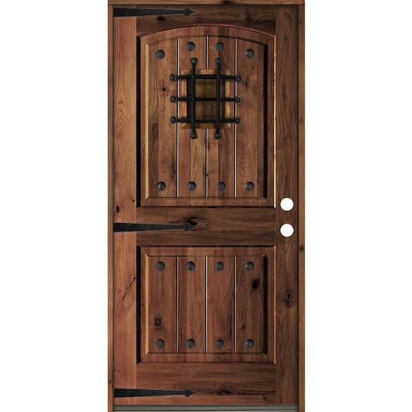 Krosswood Doors 36 in. x 80 in. Mediterranean Knotty Alder Arch Top Red Mahogany Stain Left-Hand Inswing Wood Single Prehung Front Door
