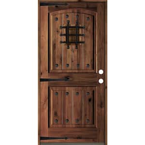 42 in. x 80 in. Mediterranean Knotty Alder Arch Top Red Mahogony Stain Left-Hand Inswing Wood Single Prehung Front Door