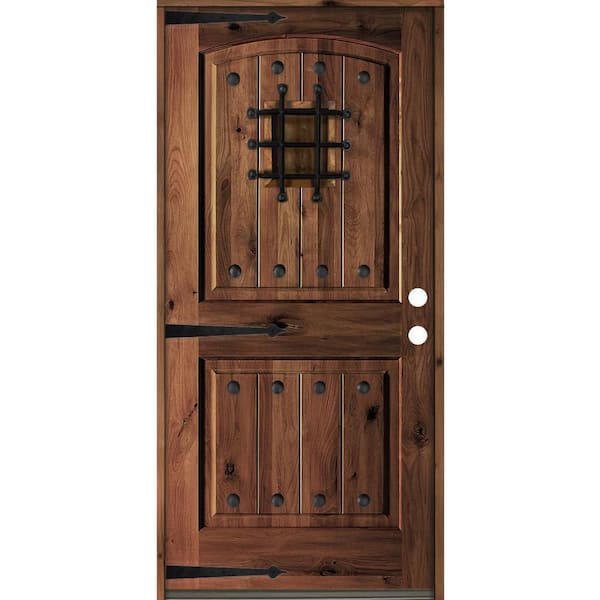 Krosswood Doors 42 in. x 80 in. Mediterranean Knotty Alder Arch Top Red Mahogony Stain Left-Hand Inswing Wood Single Prehung Front Door