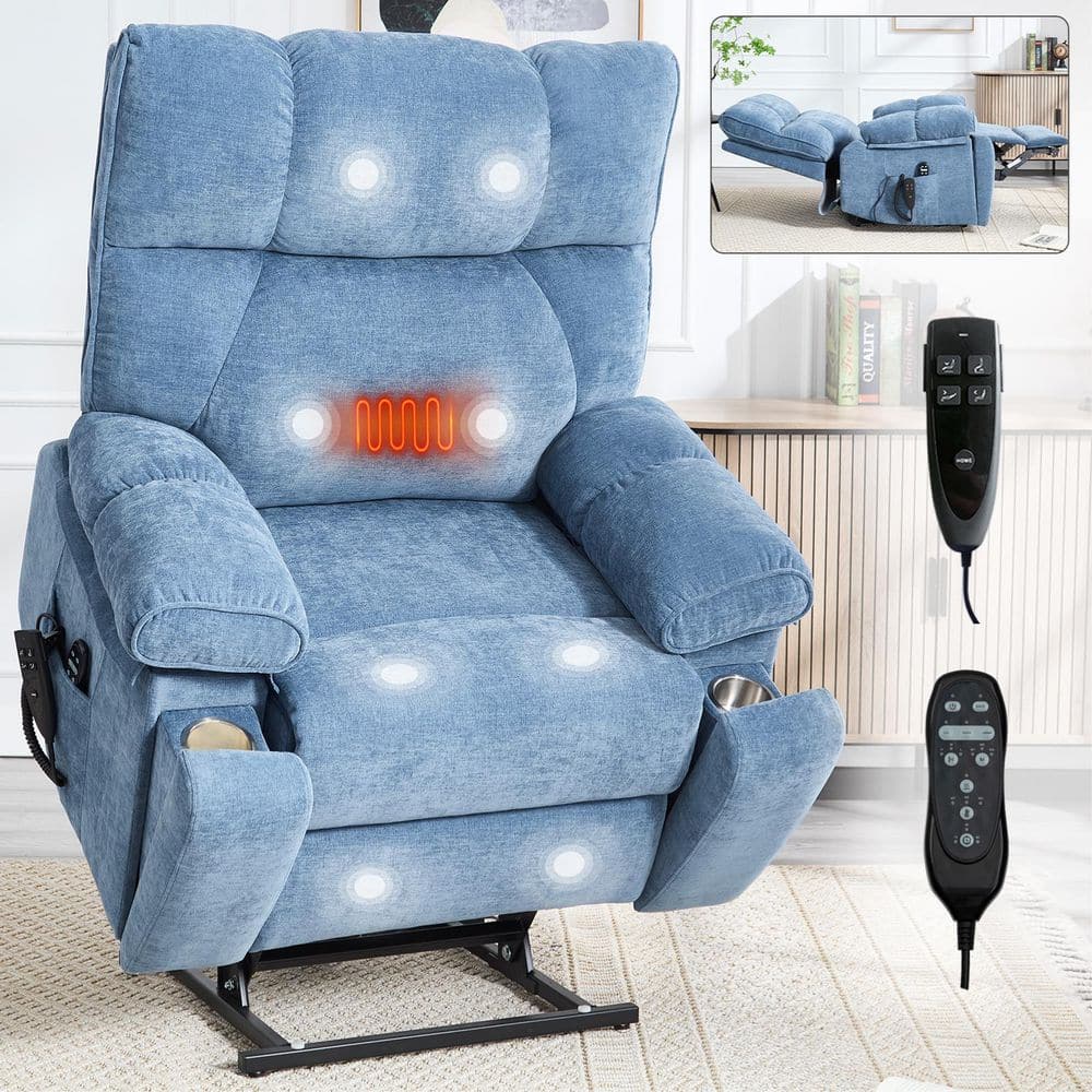 Blue Oversized Dual Motor Chenille Power Lift Recliner with Heat and Massag