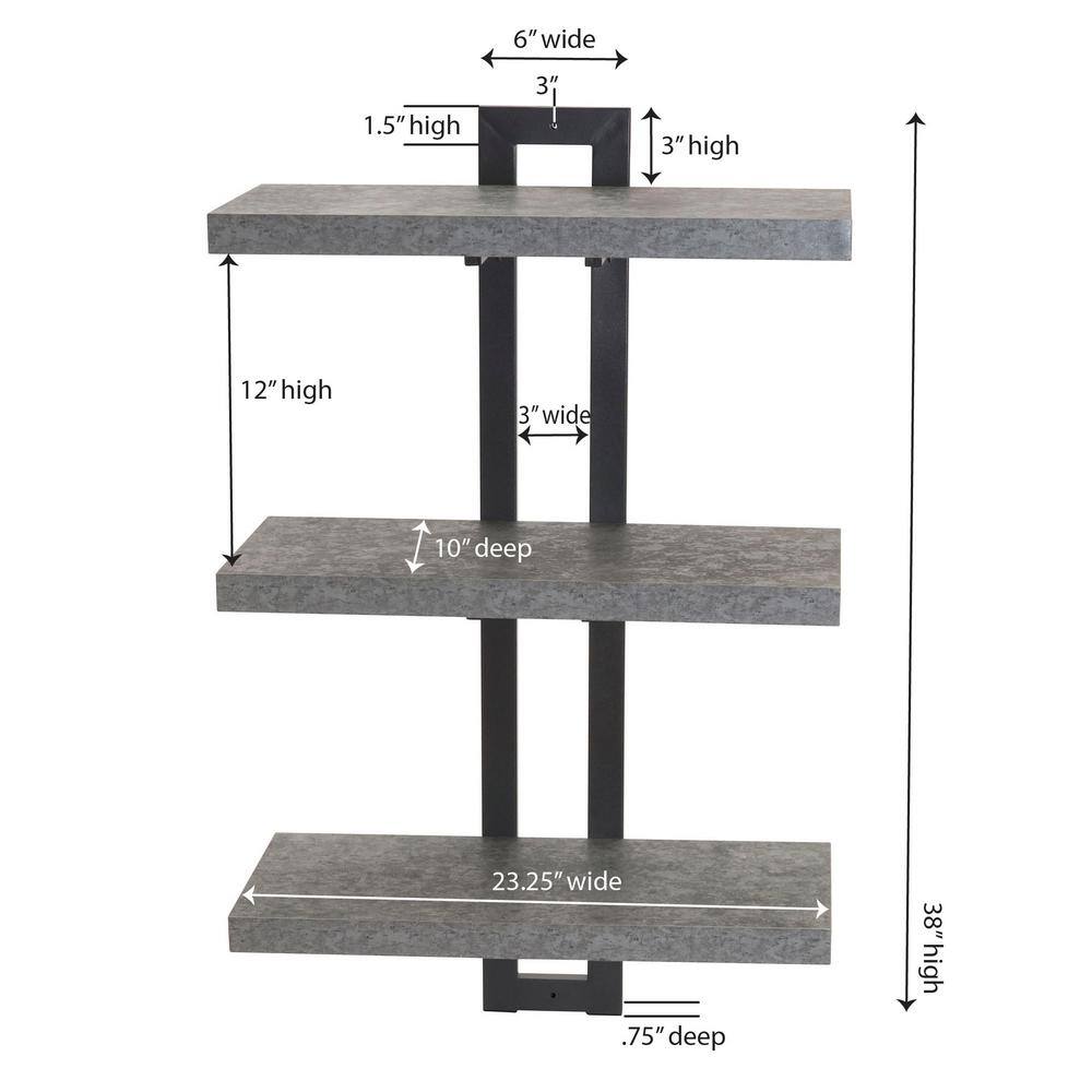 Gray Laminate and Iron 3-Tier Floating Wall Shelf