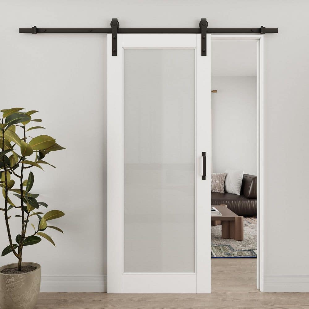 34 in. x 80 in. 1-Lite Tempered Frosted Glass White Primed MDF Composite Sliding Barn Door with Hardware Kit price history on PriceWatchPro