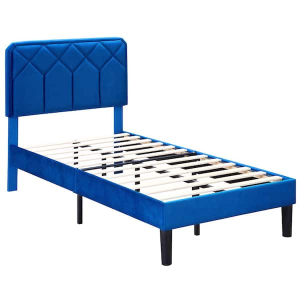 VECELO Bed Frame with Upholstered Headboard, Blue Metal Frame Twin Platform Bed with Strong Frame and Wooden Slats Support
