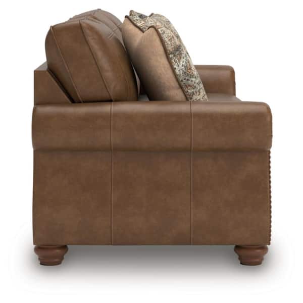 Chatterton 92 in. Rolled Arm Faux Leather Rectangle Sofa with Removable Cushions and Nailhead Trim in Light Brown