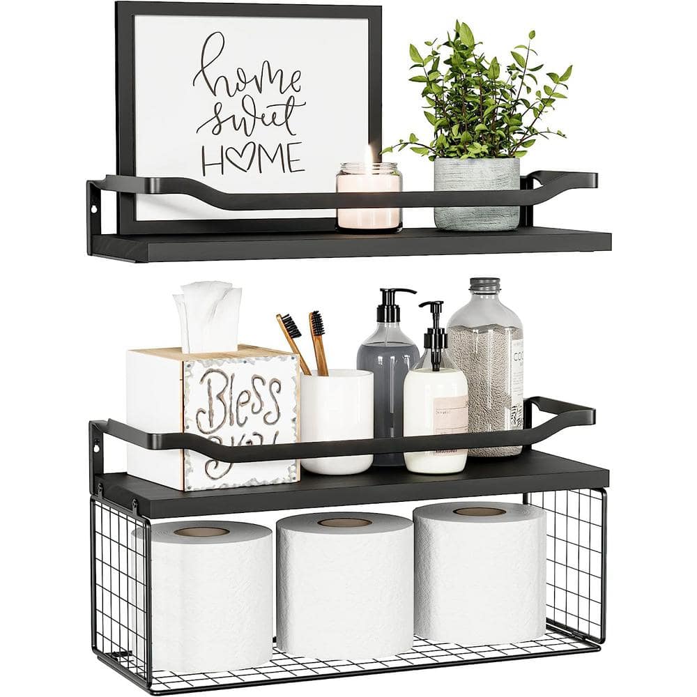 Black Wood Floating Wall Shelves with Wire Basket