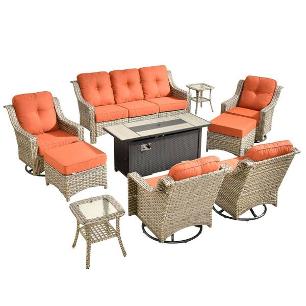 Eureka 10-Piece Wicker Patio Conversation Sofa Swivel Chair Set with Metal Fire Pit Table and Red Cushions