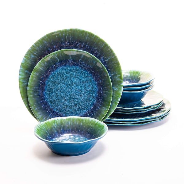 12-Piece Green Melamine Dinnerware Set (Service for 4), Shatter-Proof, Chip-Resistant, and Scratch-Proof