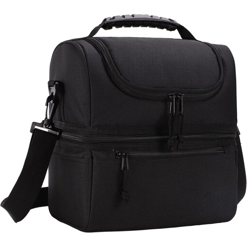 14 qt. Large Insulated Lunch Box Bag with Double Deck Design for Men and Women, Black, Soft-Side Cooler with PEVA Liner