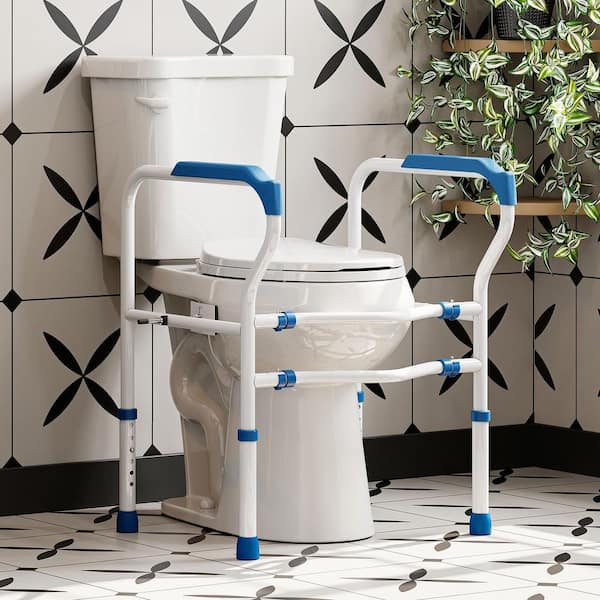19 in. Tall 2-Piece 1.28 GPF Single Flush Round Toilet with 30.31 in. Toilet Safety Rail with Adjustable Height in White