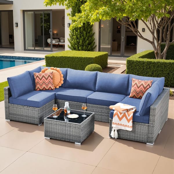 Elora Gray 7‑Piece Wicker Outdoor Patio Conversation Set with Denim Blue Cushions Ideal for Backyard, Deck, or Garden