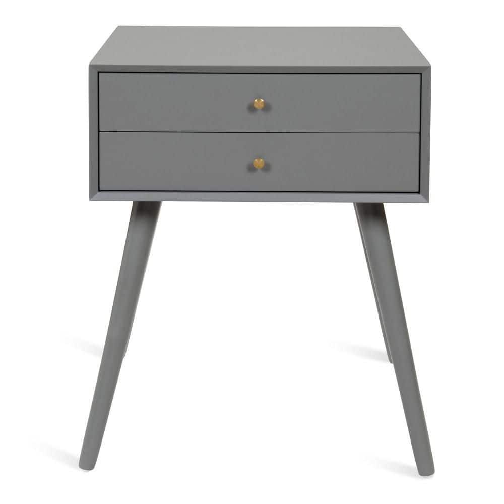 Gray Wooden Midcentury Modern Side Table with Storage Drawers