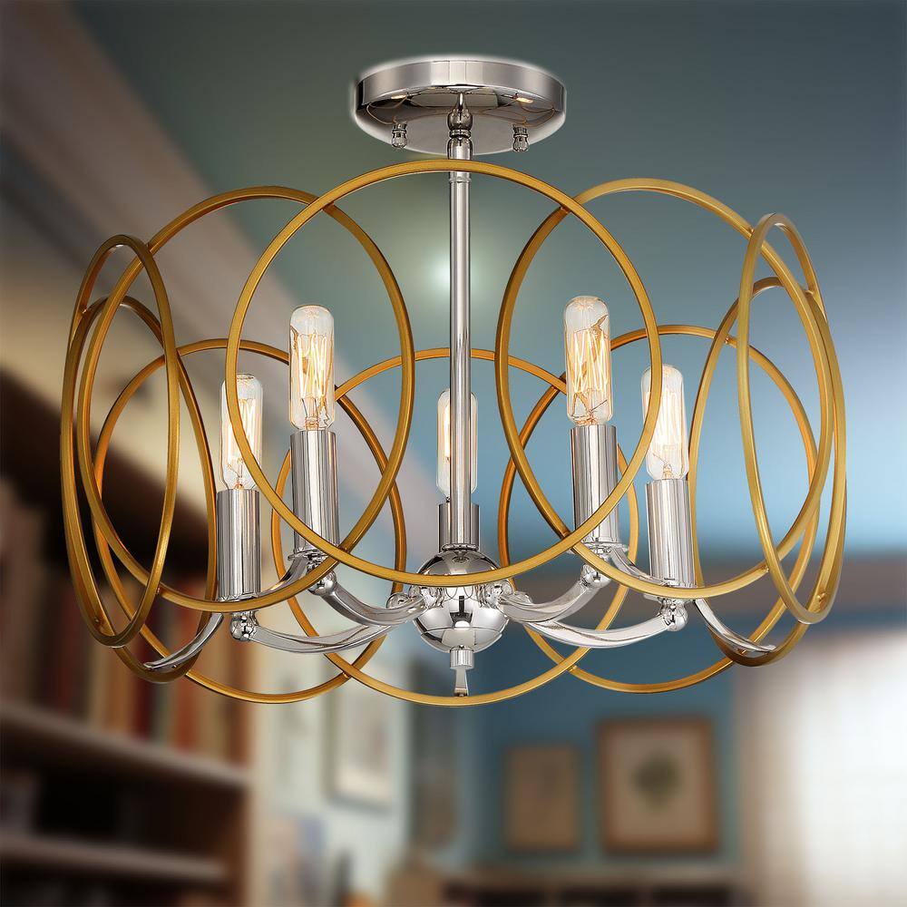 Chassell Honey Gold 5-Light LED Drum Pendant with Polished Nickel Accents