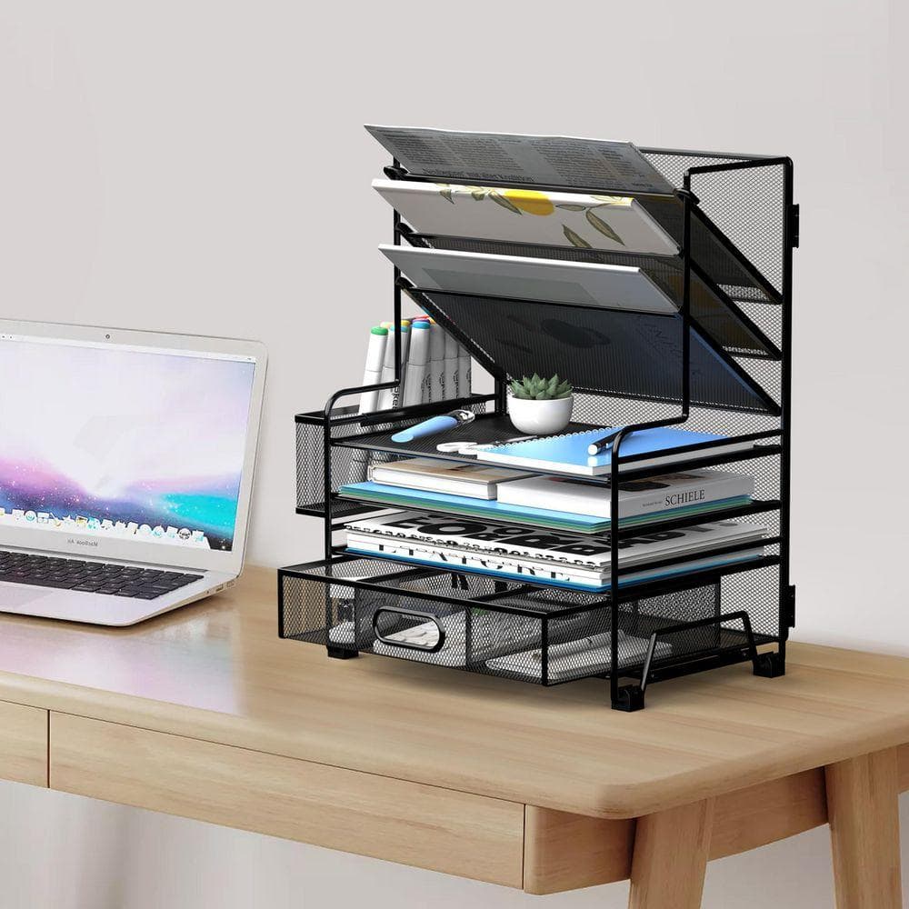 N/A. Black 4-Tier Paper Organizer with 3-Pocket File Holder and