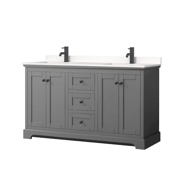 Wyndham Collection Avery 60 in. W x 22 in. D x 35 in. H Double Bath Vanity in Dark Gray with White Quartz Top