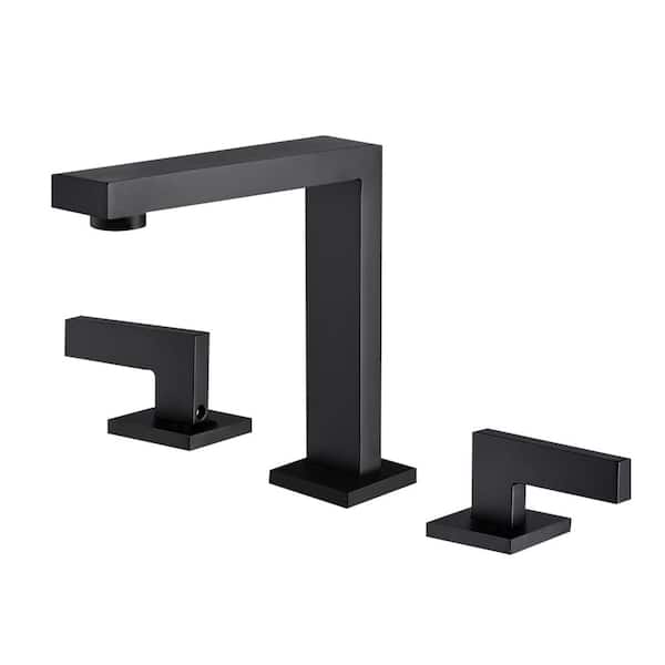 WELLFOR 8 in. Widespread 2-Handle Bathroom Faucet with Supply Lines in Matte Black