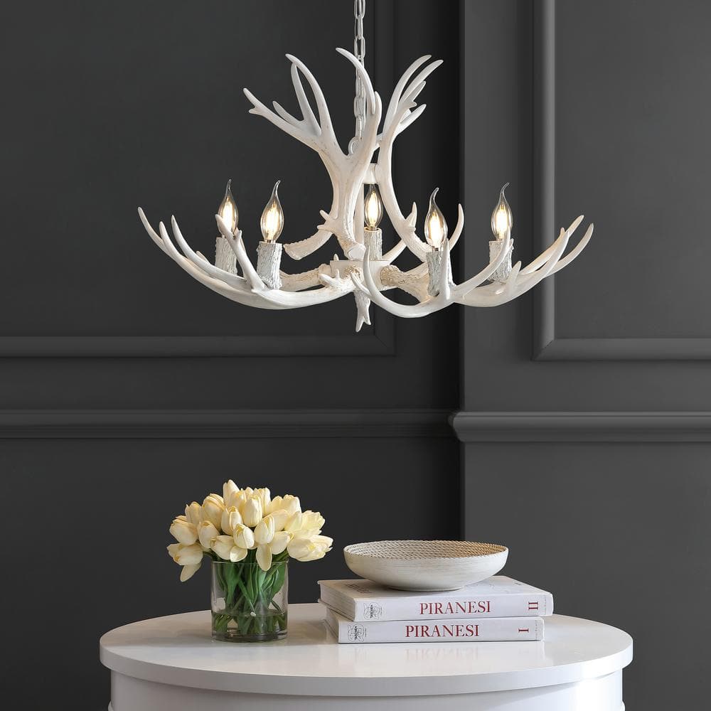 Eldora 30" White Adjustable Resin Antler 5-Light LED Chandelier