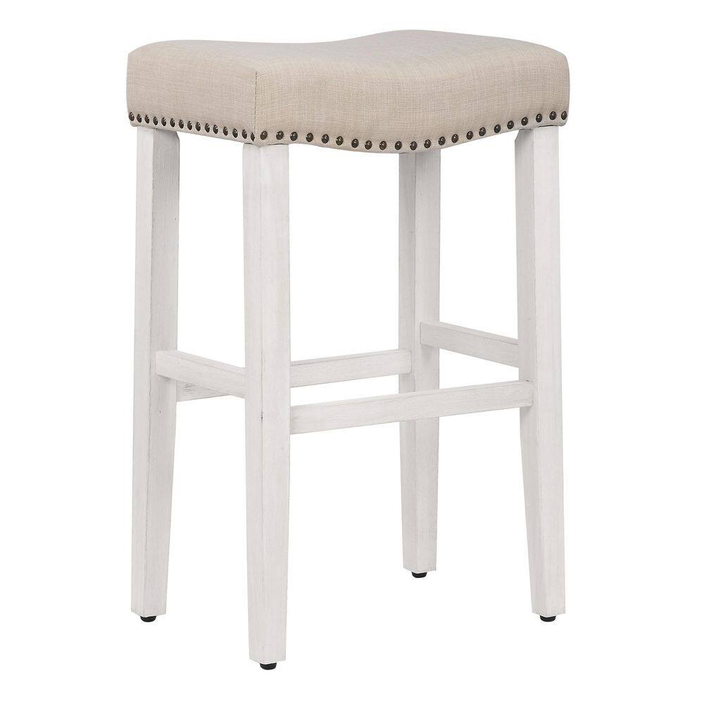 Antique White and Beige Upholstered Saddle Seat Bar Stools, 29" Wood