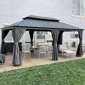 12 ft. x 18 ft. Gray Aluminum Hardtop Gazebo Canopy for Patio Deck Backyard Heavy-Duty with Netting and Curtains