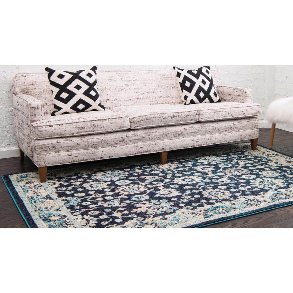 Navy Blue and Beige Floral Synthetic 10' x 14' Area Rug