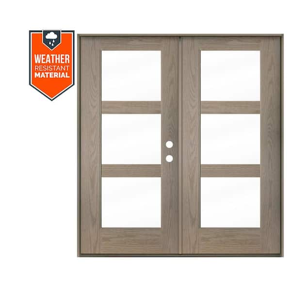 Modern 72 in. x 79 in. 3-Lite Left-Inswing Clear Glass Oiled Leather Stain Double Fiberglass Prehung Front Door