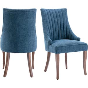 Comfy Blue Linen Channel Tufted Upholstered Dining Chairs Set of 2 with Solid Wood Legs