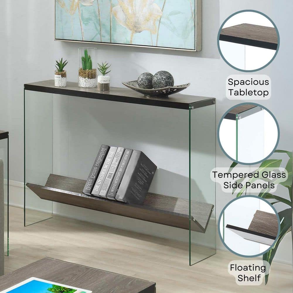 Weathered Gray Modern V Console Table with Glass Shelves