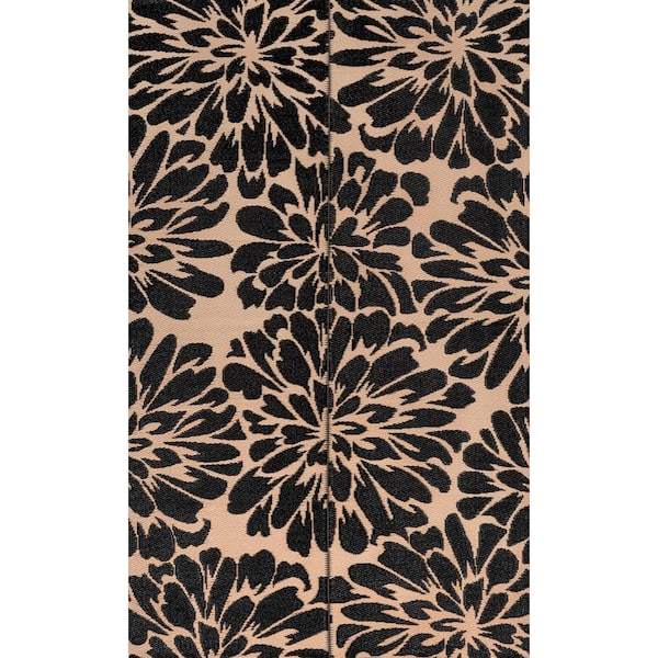 Bloom Modern Floral Foldable Waterproof Reversible Plastic Straw Black/Cream 5 ft. x 8 ft. Outdoor Area Rug