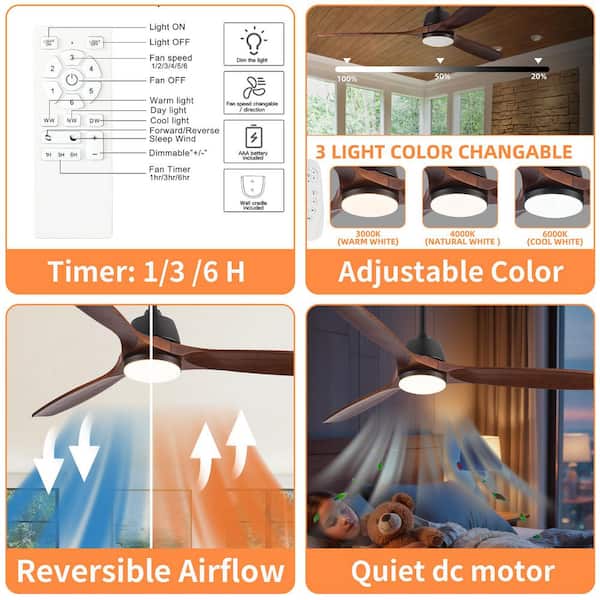 Rustic Series 52 in. Indoor Brown Ceiling Fan Low Profile Farmhouse with LED Light and Remote Included,Downrod Mount