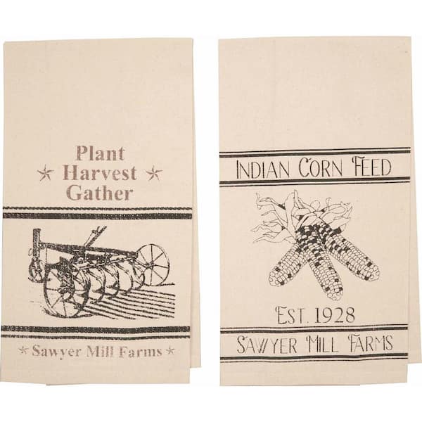 VHC BRANDS Sawyer Mill Beige Charcoal Plow and Corn Cotton Muslin Unbleached Kitchen Tea Towel Set (Set of 2)