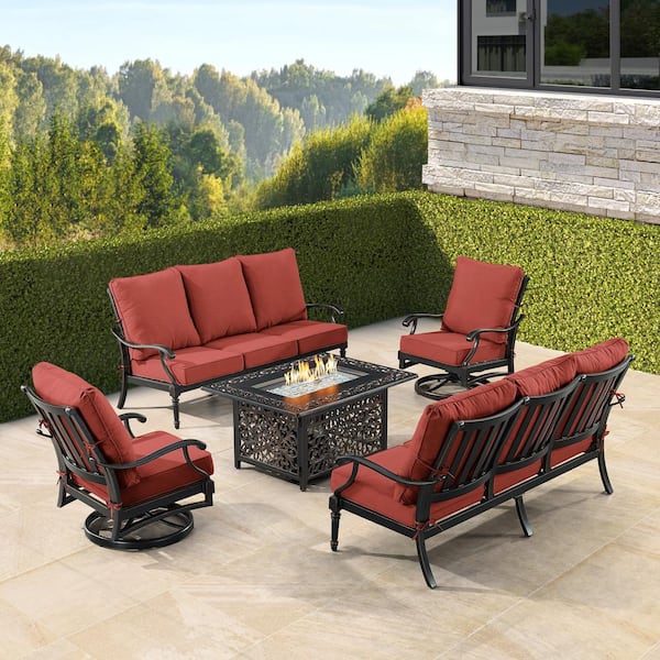 Black 5-Piece Aluminum Patio Fire Table Set Red Cushions