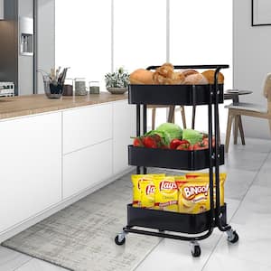 Black 3-Tier Utility Cart with Wheels and Handle