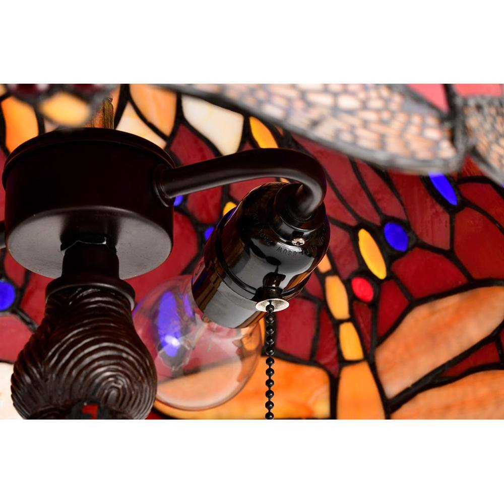 22" Red and Bronze Stained Glass Dragonfly Table Lamp