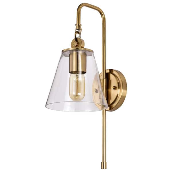 Dover 1-Light 7 in. Vintage Brass Wall Sconce with Clear Glass Shade
