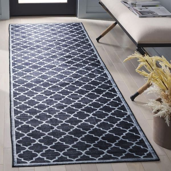Arizona 3 ft. x 8 ft. Black/Gray Machine Washable Border Geometric Trellis Runner Rug