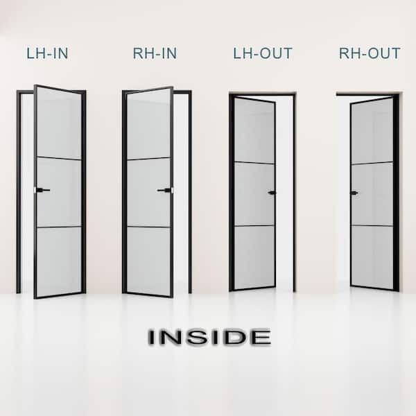 36 in. x 80 in. 3-Lite Frosted Glass Left Black Finished Aluminun Interior Door Slab Plus Free Aluminun Jamb and Lockset