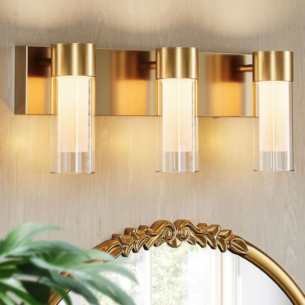 19.7 in. 3-Light Gold Integrated LED Bathroom Vanity Light, Double-Layer Glass Wall Lights with 3CCT Adjustable Lighting