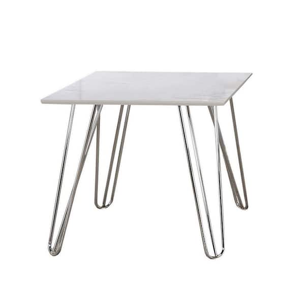 Benjara 24 in. White and Chrome Rectangle Marble End Table with Hairpin Legs