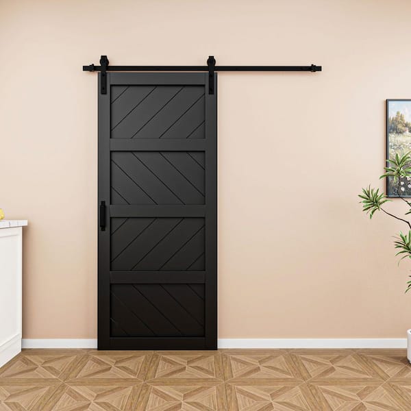 36 in. x 84 in. Black Finished 4-Lite Wave Pattern Style MDF Sliding Barn Door with Hardware Kit and Soft Close