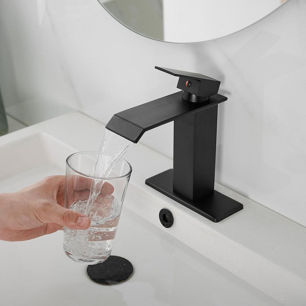 Matte Black Single-Handle Waterfall Bathroom Faucet with Supply Line