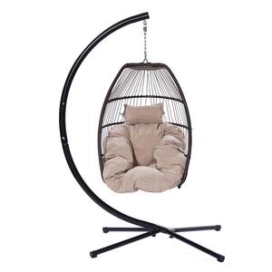 1-Person Black Metal Frame Patio Swing with Brown Rattan Basket and Brown Cushion and Pillow