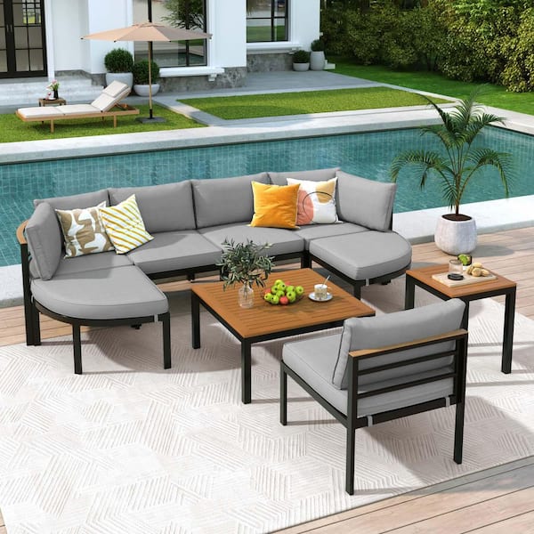 Unbranded 9-Piece Metal Multi-Use Outdoor Conversation Set Patio Sectional Sofa Set with Gray Cushion and Coffee Table, Ottoman