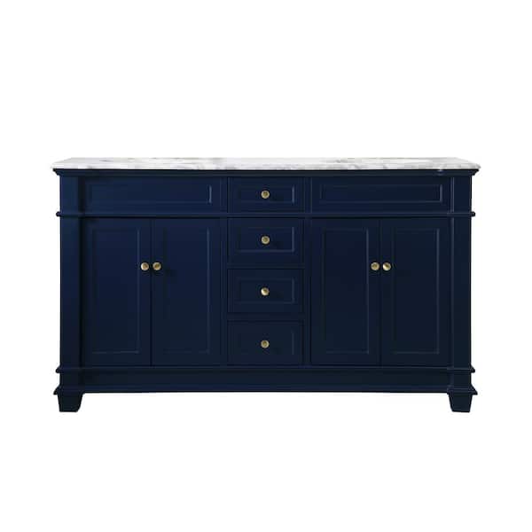 Unbranded Simply Living 60 in. Double Bathroom Vanity in Blue with Marble Vanity Top in Cararra White
