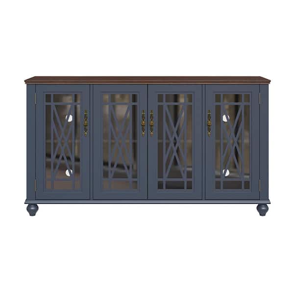 Vintage Navy MDF 63 in. Storage Buffet Sideboard with Floral Design Doors