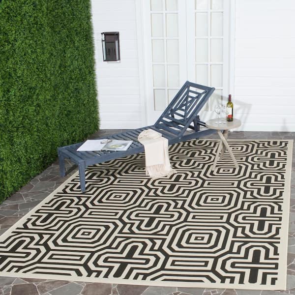 Courtyard Sand/Black 8 ft. x 8 ft. Square Border Indoor/Outdoor Patio  Area Rug