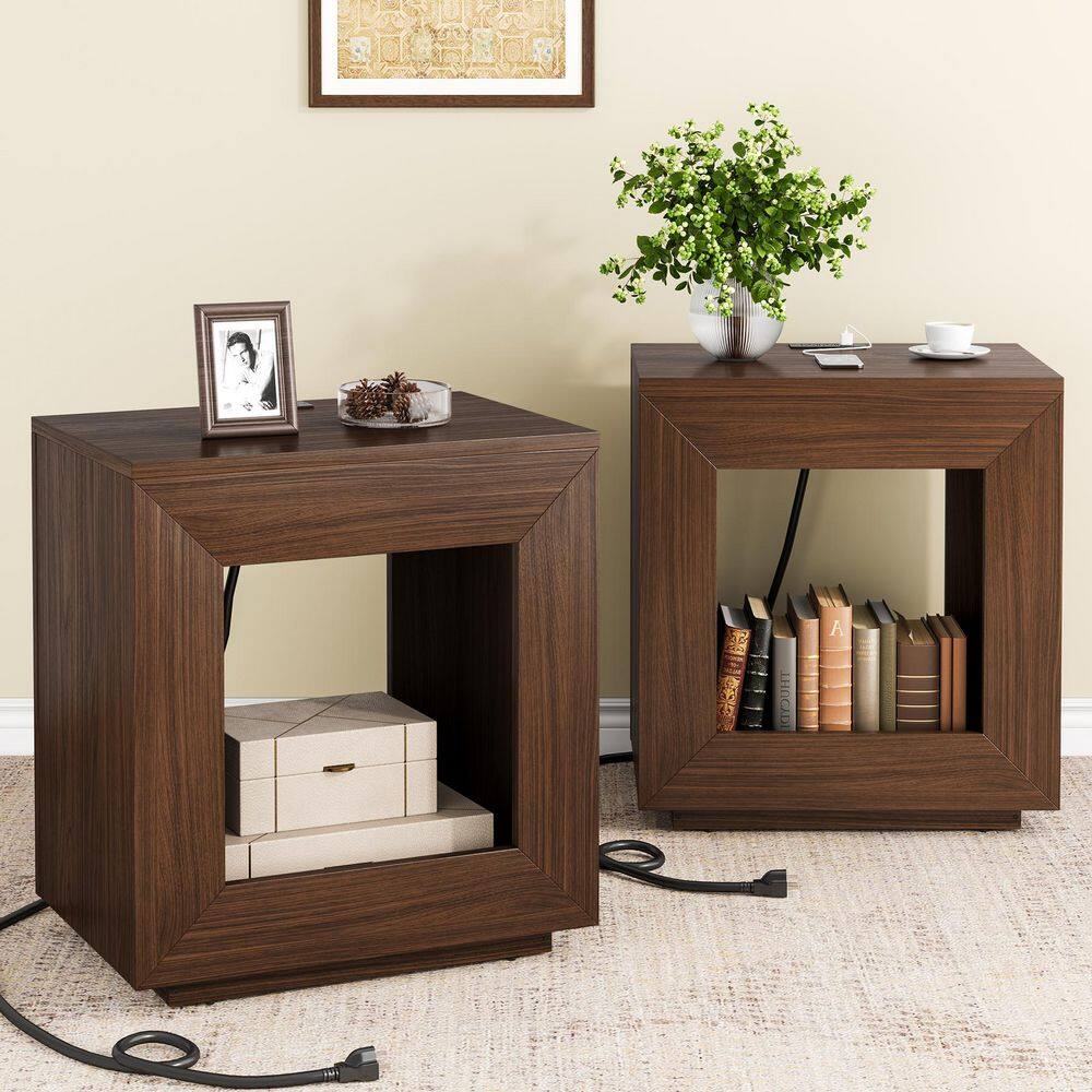 26 in. Brown MDF Side Table with USB Charging Station and LED Lights, 2-Tier Nightstand(Set of 2) price history on PriceWatchPro