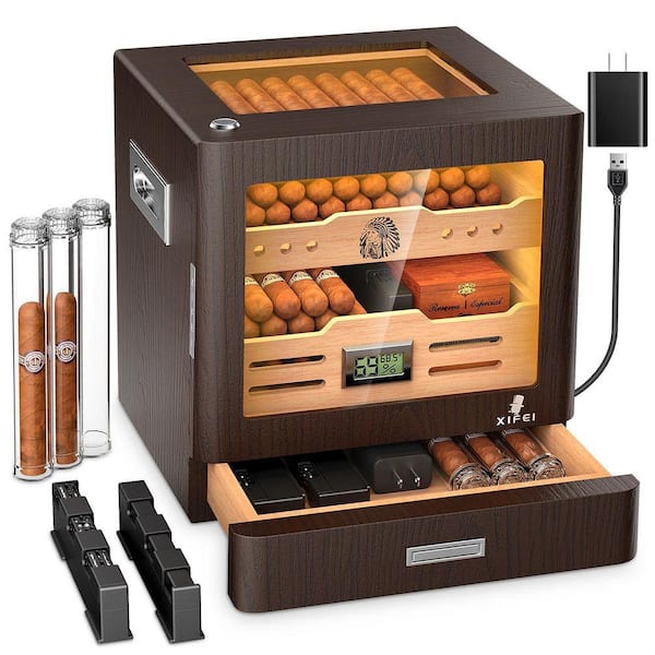 Wood Cigar Humidor Cabinet, Glass Top Digital Hygrometer, 2 Humidifiers, Cigar Tube, Cedar Humidor for 80-100 Cigar