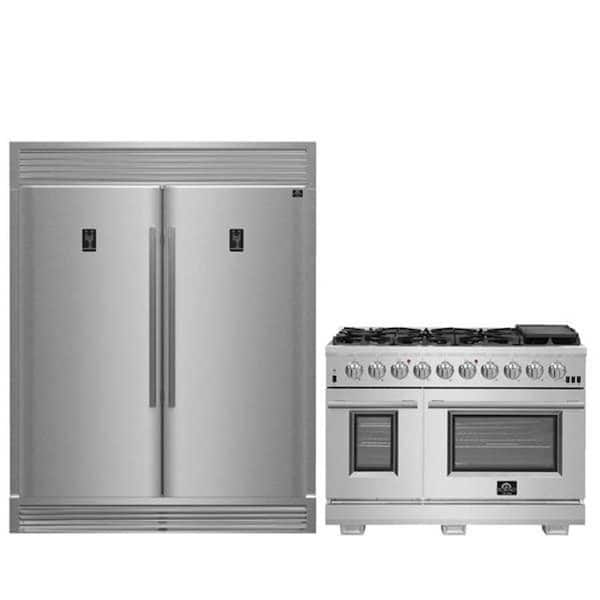 3 Pc-Capriasca 48 in. 8-Burner Gas Range, Rizzuto 60" Convertible Refrigerator, 48" Wall Range Hood in Stainless Steel