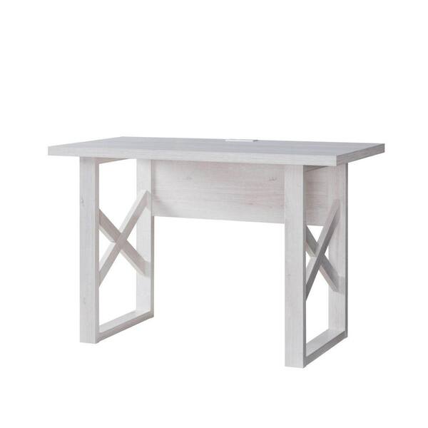 White, Benjara Three Drawer Rectangular Wooden Writing Desk with X shaped Side Panels